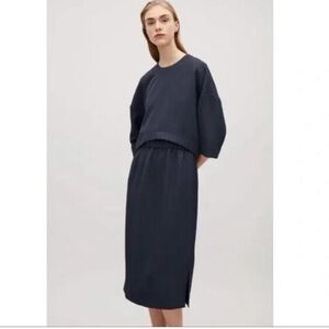 COS Navy Blue Short Sleeve Crop Top Layered Elastic Waist Midi Dress Size 6